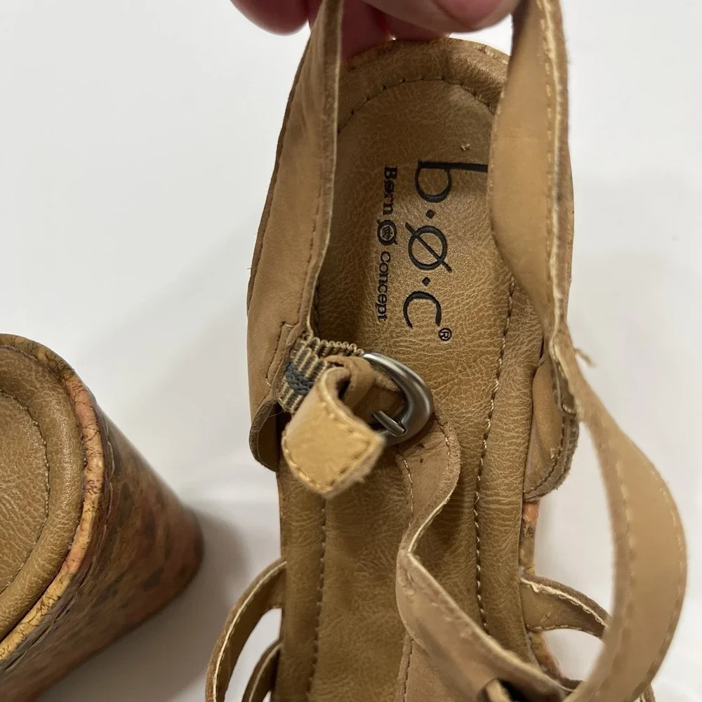 b.ø.c By Born Wedge Floral Cork Sole Sandals Brown Leather Cross Straps 6.5
